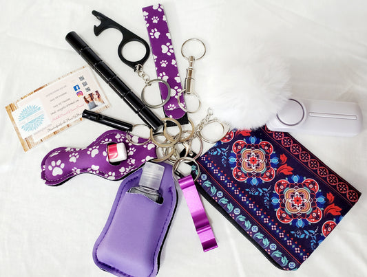 Purple Paw Print Safety Keychain-Personal Safety Kit 14 pc.