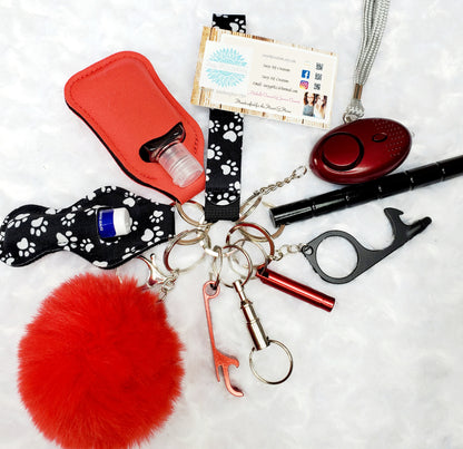 Black Paw Print Set with Red Safety Keychain-Personal Safety Kit 13 pc.