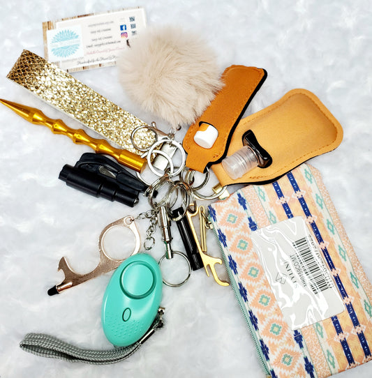 Gold Glitter Faux Leather Wrist Strap Safety Keychain Set-Personal Safety Kit with Coin Purse 14 pc.