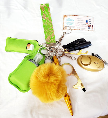 Green Snake Print Faux Leather Wrist Strap Safety Keychain-Personal Safety Kit 13 pc.