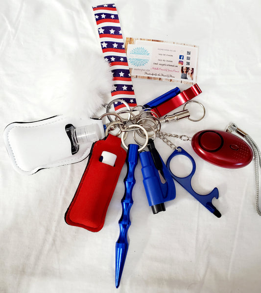 Red, White & Blue Faux Leather Wrist Strap Safety Keychain-Personal Safety Kit 13 pc.