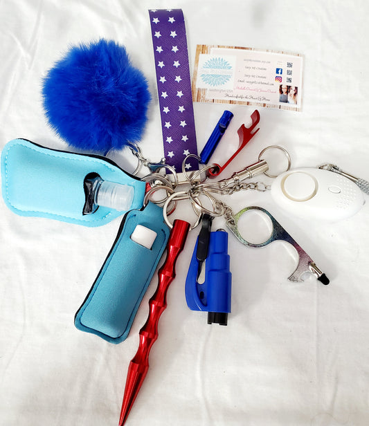 Red, White & Blue with Faux Leather Wrist Strap Safety Keychain-Personal Safety Kit 13 pc.