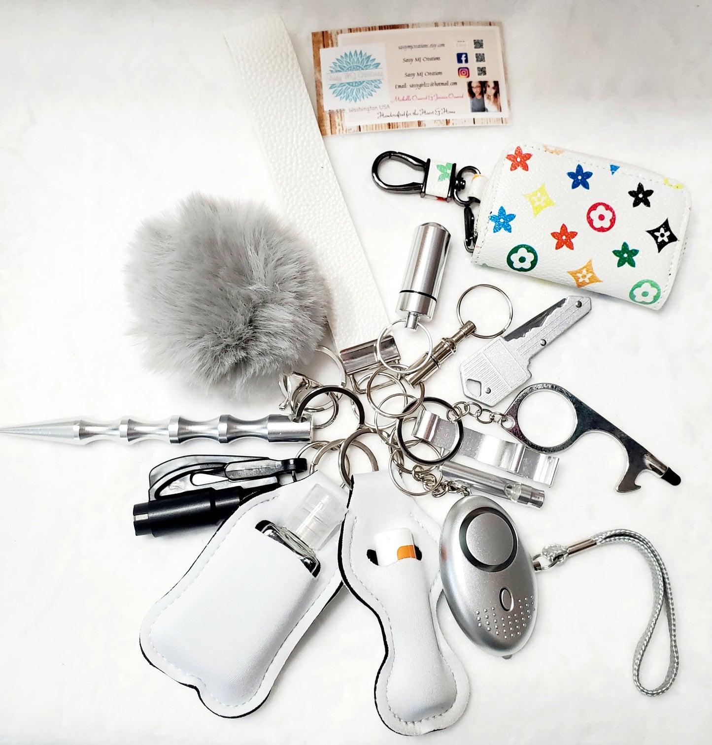White & Silver Safety Keychain Set-Personal Safety Kit 16 pc.