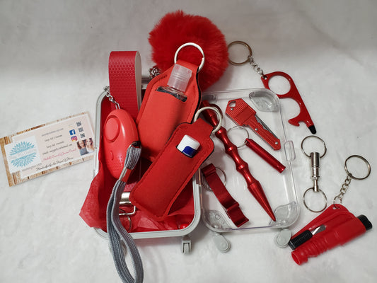 Red Faux Leather Wrist Strap Safety Keychain Set-Personal Safety Kit with Mini Trolley Suitcase 15 pc.