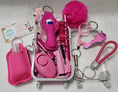 Pink | Hot Pink Safety Keychain-Personal Safety Kit with Mini Trolley Suitcase 16 pc.