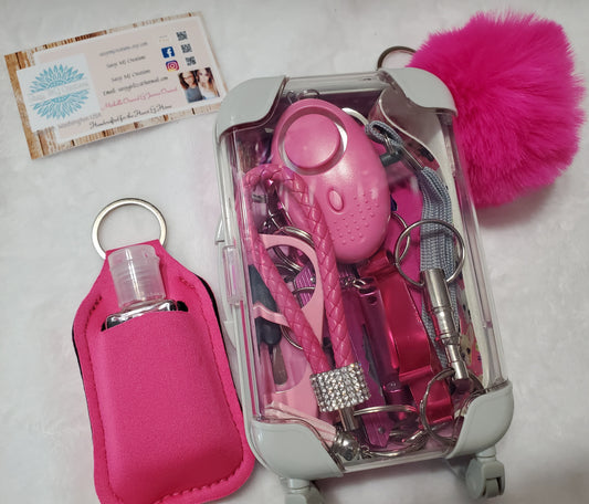 Pink | Hot Pink Safety Keychain-Personal Safety Kit with Mini Trolley Suitcase 16 pc.