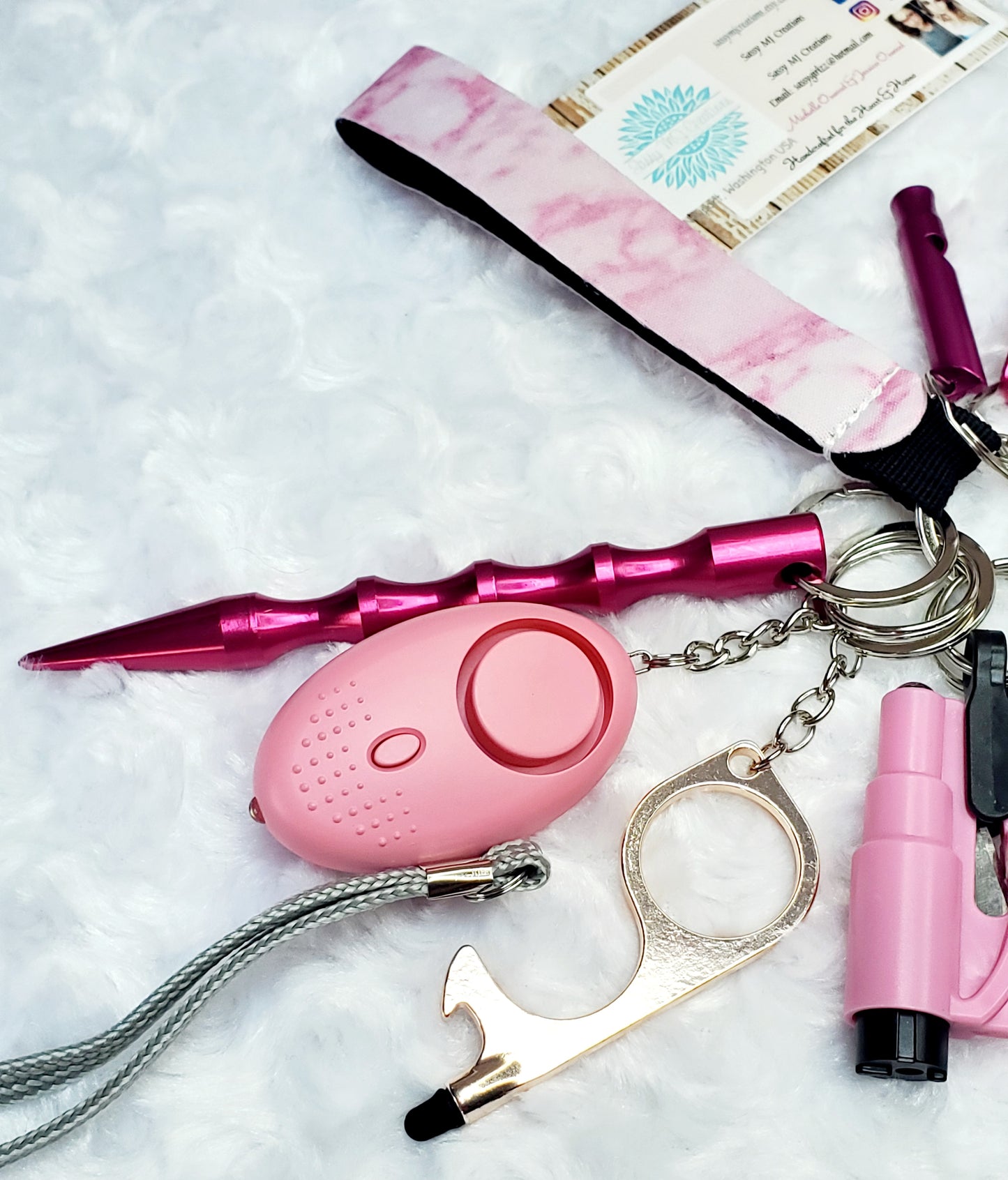 Pink Marble Neoprene Strap Safety Keychain Set-Personal Safety Kit 13 pc.