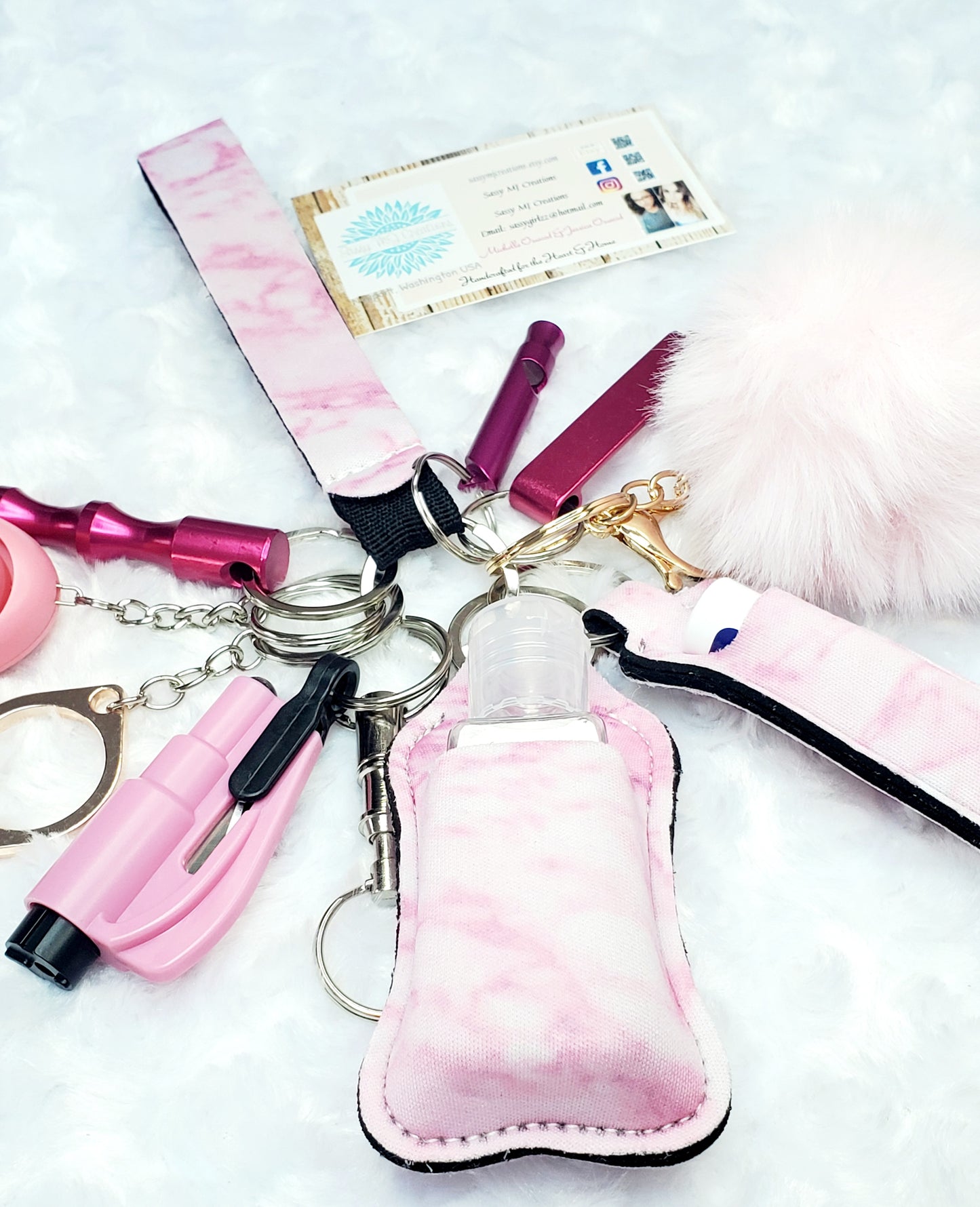 Pink Marble Neoprene Strap Safety Keychain Set-Personal Safety Kit 13 pc.