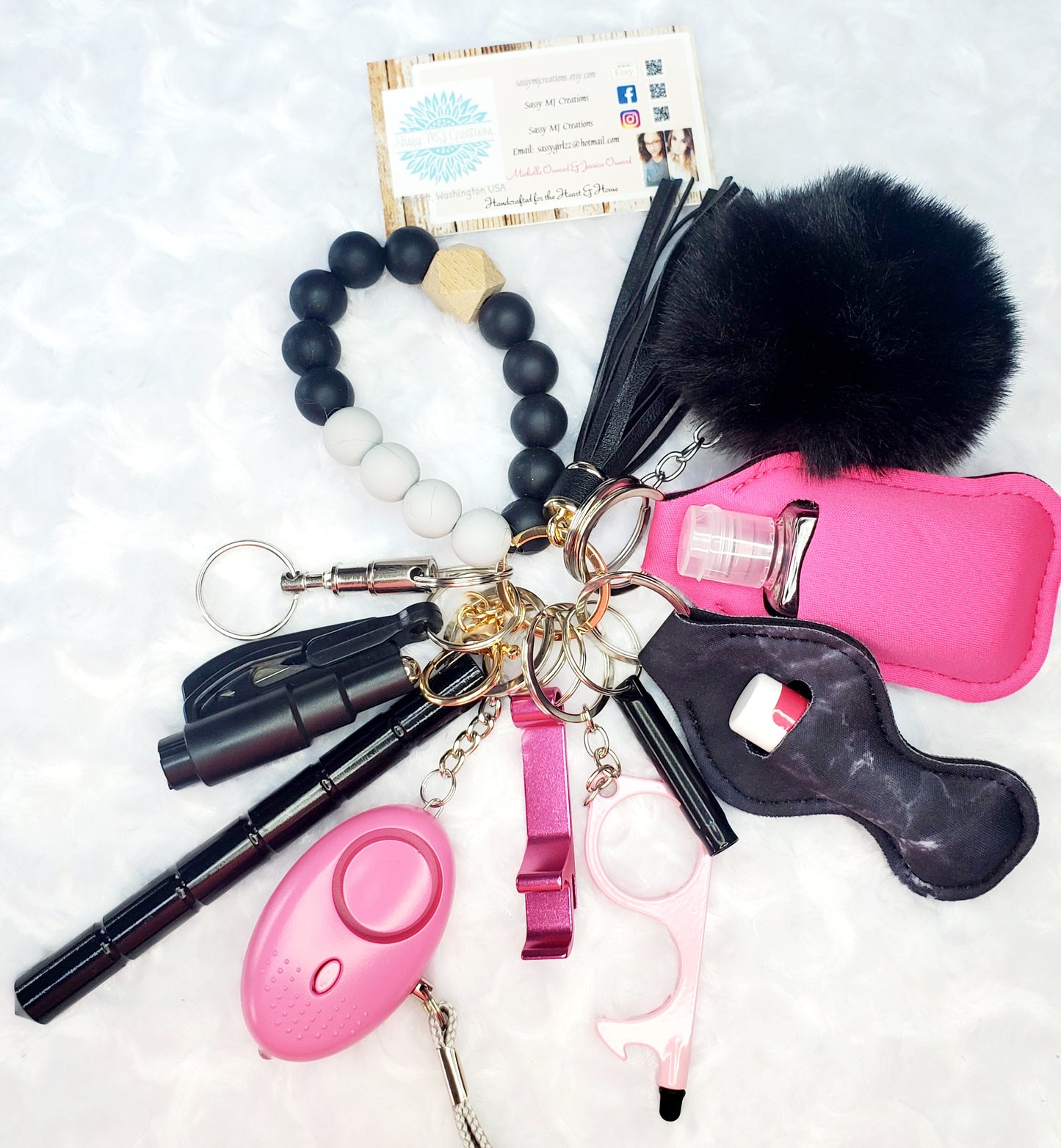 Beaded Bracelet (Black) Safety Keychain Set-Personal Safety Kit 13 pc.