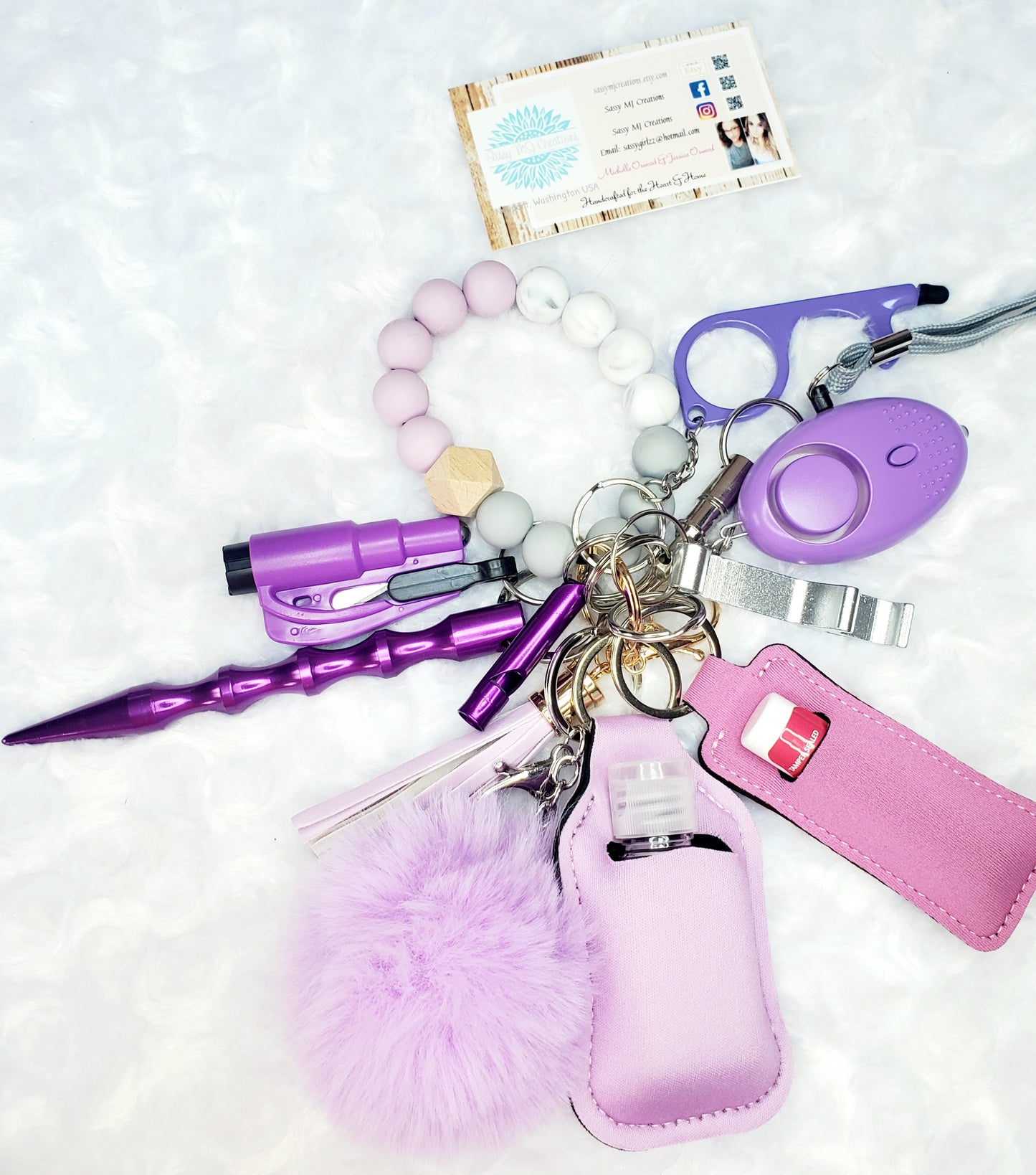 Beaded Bracelet (Purple) Safety Keychain Set-Personal Safety Kit 13 pc.