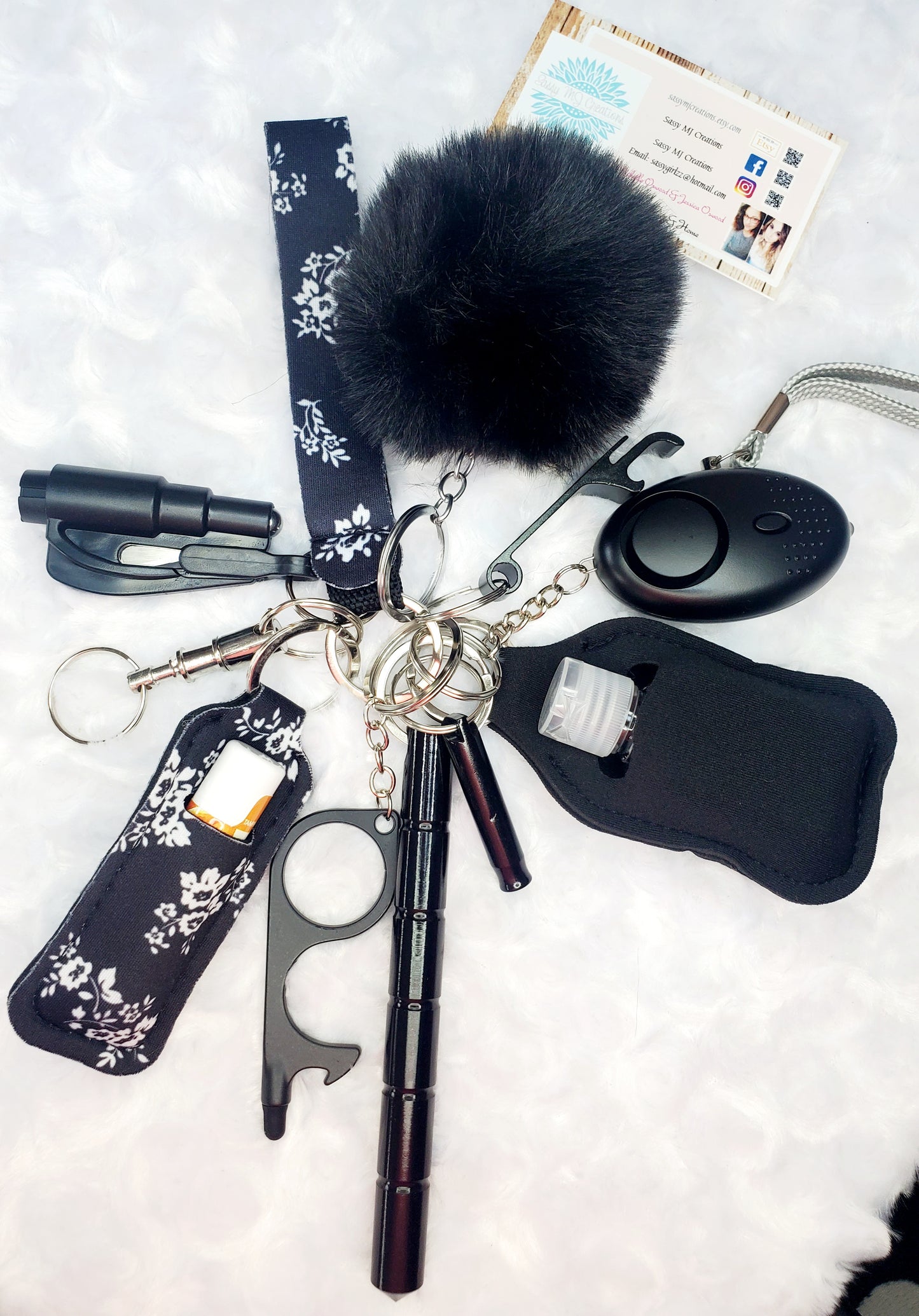 Black Floral Neoprene Safety Keychain Set-Personal Safety Kit 13 pc.
