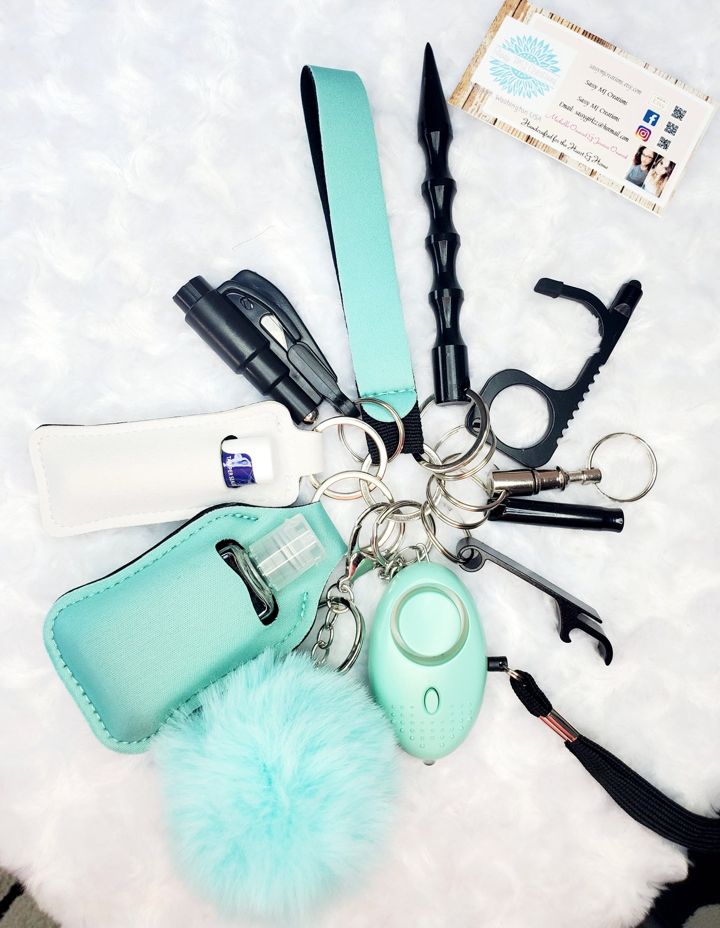 Neoprene Mint Green & White Safety Keychain Set-Personal Safety Kit 13 pc.