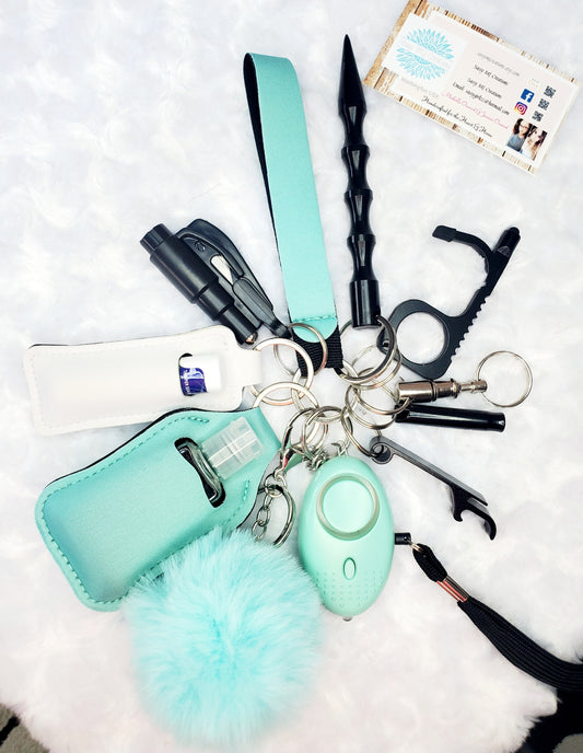 Neoprene Mint Green & White Safety Keychain Set-Personal Safety Kit 13 pc.
