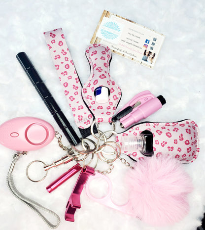 Pink Neoprene Print Safety Keychain Set-Personal Safety Kit 13 pc