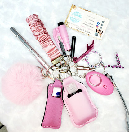 Pink Stretch Wrist Strap Safety Keychain Set-Personal Safety Kit 13 pc