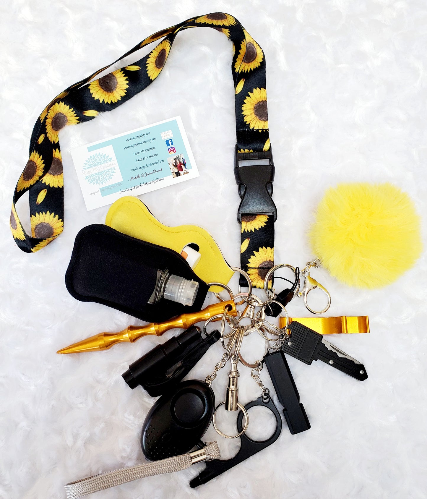 Sunflower Lanyard Black & Yellow Safety Keychain Set-Personal Safety Kit 14 pc