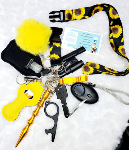 Sunflower Lanyard Black & Yellow Safety Keychain Set-Personal Safety Kit 14 pc