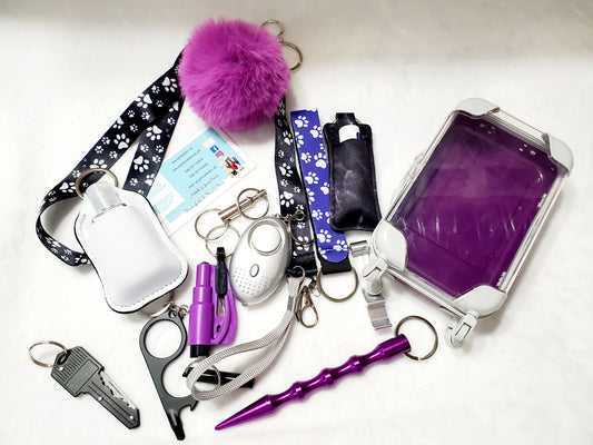 Paw Print Lanyard & Paw Print Purple Wrist Strap Safety Keychain with Mini Trolley Suitcase - Personal Safety Kit