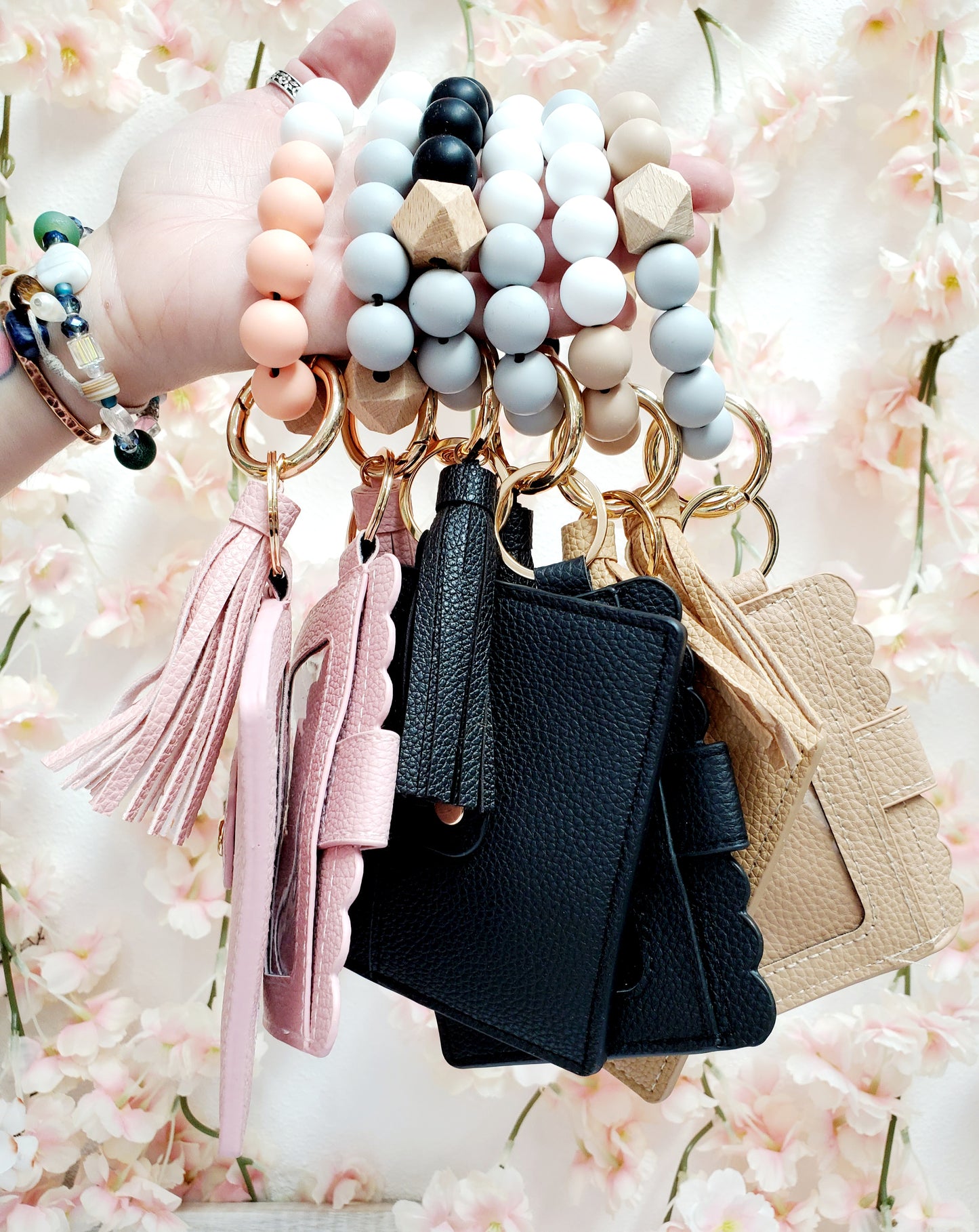 Pink Wristlet Wallet Silicone Beaded Bracelet Keychain | Card Holder | Tassel Keychain (1) Pink