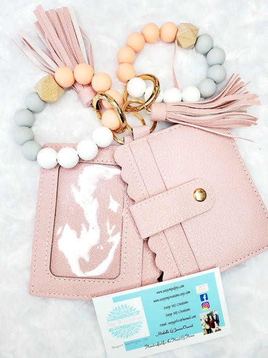 Pink Wristlet Wallet Silicone Beaded Bracelet Keychain | Card Holder | Tassel Keychain (1) Pink