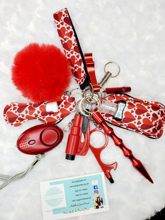 Red Heart Print Neoprene Safety Keychain Set-Personal Safety Kit 13 pc
