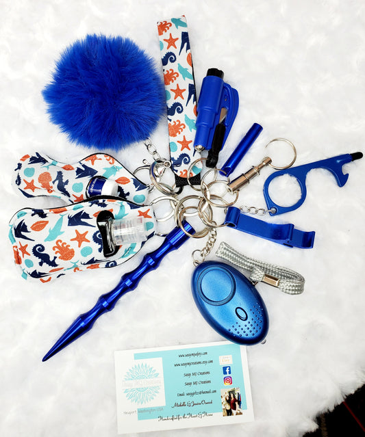 Sea Creature Print Neoprene Safety Keychain - Personal Safety Kit 13 pc