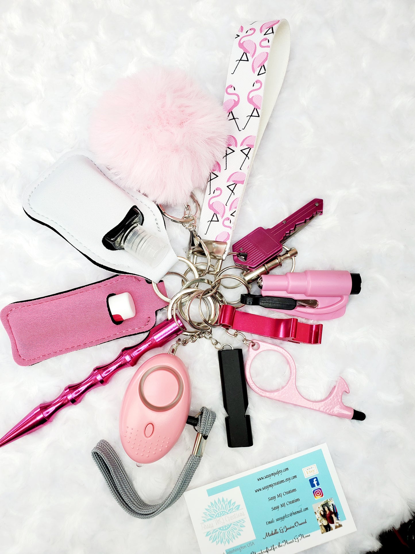 Pink & White Flamingo Faux Leather Strap Safety Keychain - Personal Safety Kit 14 pc