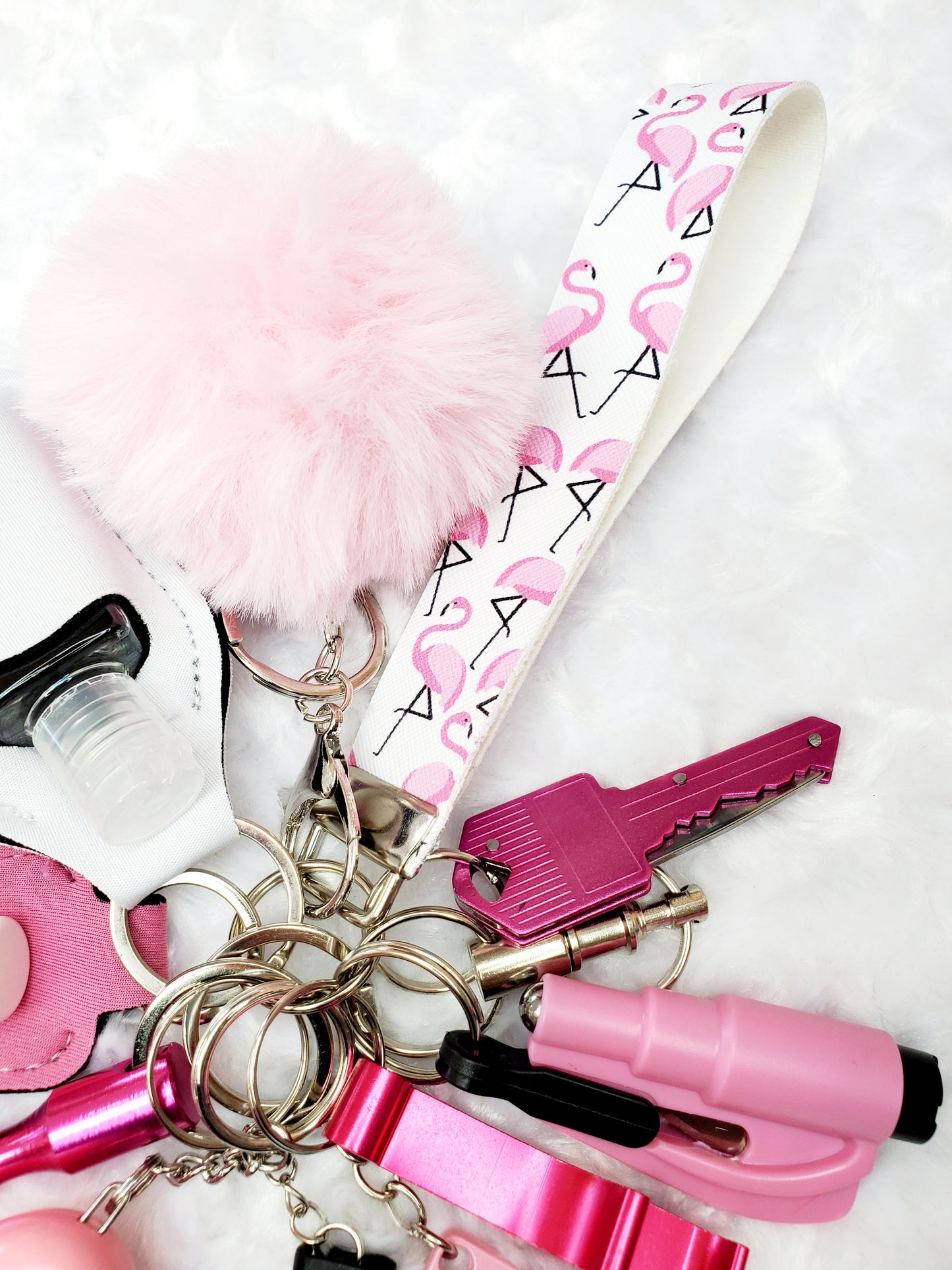 Pink & White Flamingo Faux Leather Strap Safety Keychain - Personal Safety Kit 14 pc