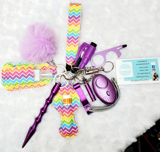 Chevron Rainbow Pattern with Purple Safety Keychain-Personal Safety Kit 13 pc