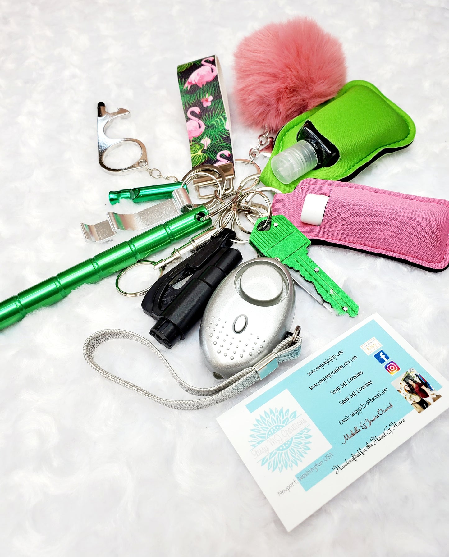 Flamingo (small) Finger Strap Safety Keychain - Personal Safety Kit 14 pc