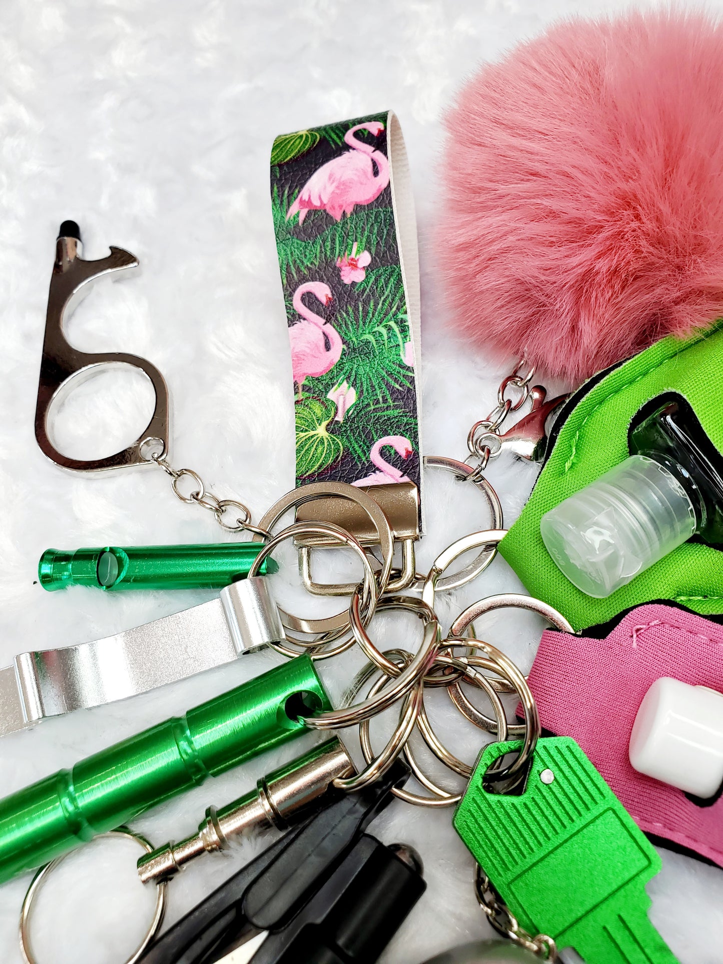 Flamingo (small) Finger Strap Safety Keychain - Personal Safety Kit 14 pc