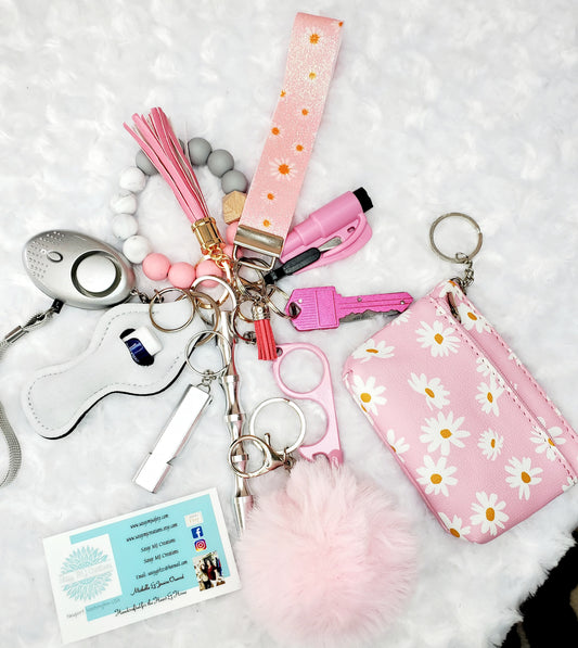Pink & White Daisy Coin Purse with Pink Glitter Wrist Strap & Pink Beaded Bracelet Safety Keychain-Personal Safety Kit 12 pc.