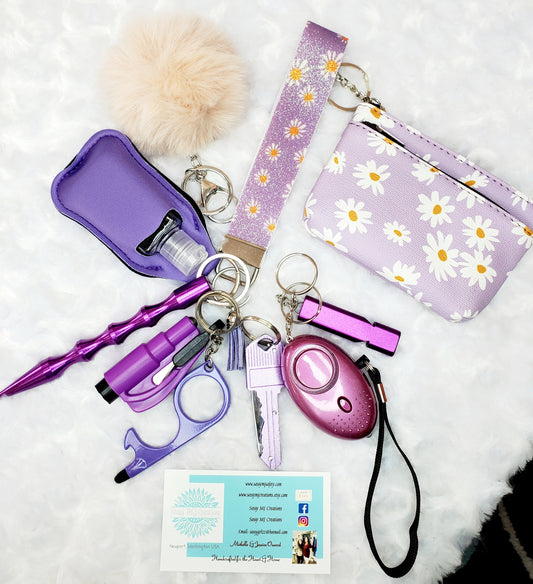 Purple & White Daisy Coin Purse with Purple Glitter Wrist Strap & Pink Beaded Bracelet Safety Keychain-Personal Safety Kit 11 pc.