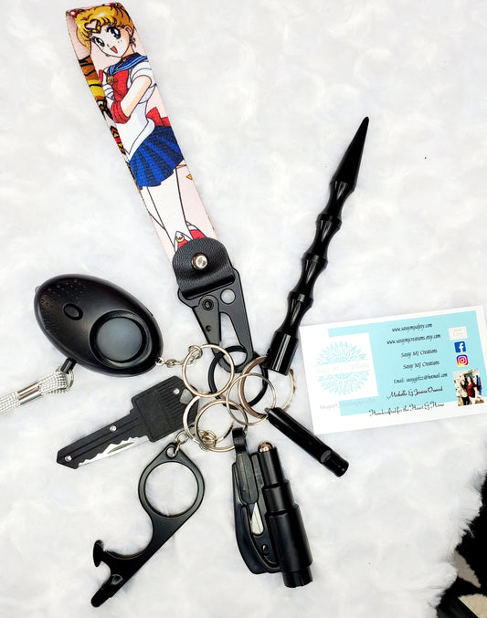 Cartoon Anime Wrist Strap Safety Keychain - Personal Safety Kit Unisex Style 7pc