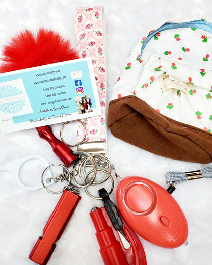 Mini Backpack with Strawberry Wristlet Safety Keychain - Personal Safety Kit 8 pc