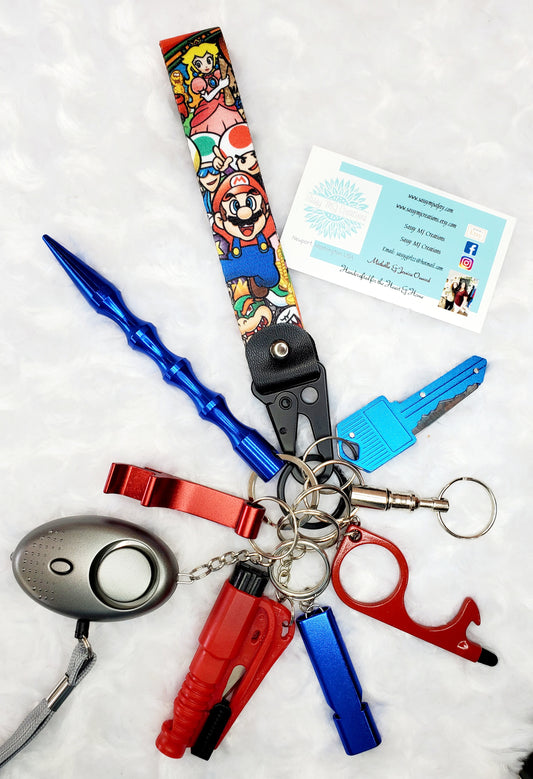 Cartoon, Anime, Mario Wrist Strap Safety Keychain - Personal Safety Kit Unisex Style 9pc