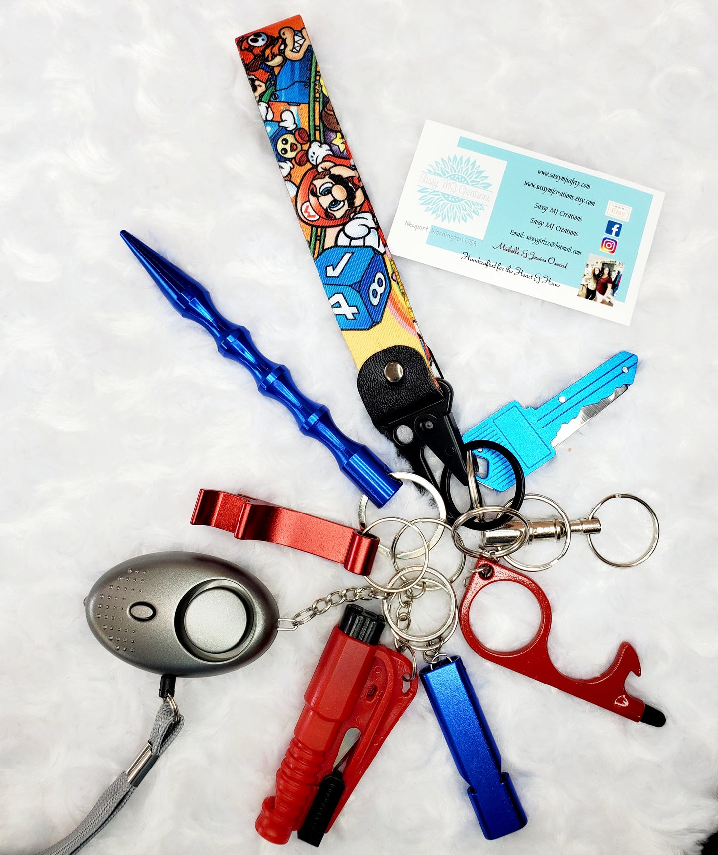Cartoon, Anime, Mario Wrist Strap Safety Keychain - Personal Safety Kit Unisex Style 9pc