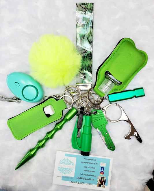 Green Safety Keychain Set - Personal Safety Kit 12 pc