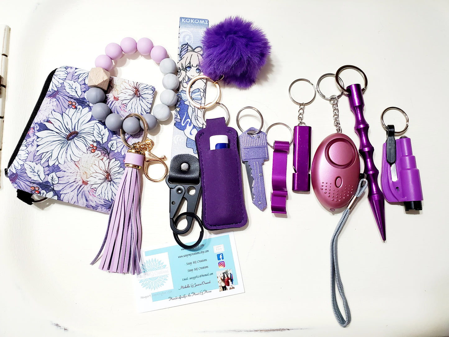 Cartoon Anime Wrist Strap Safety Keychain - Personal Safety Kit 12 pc set - Purple