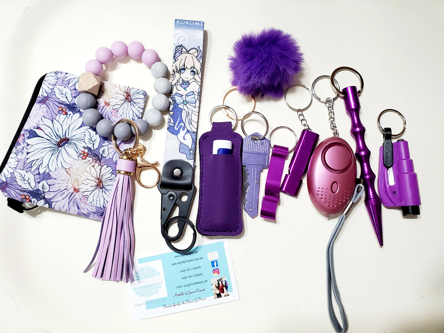 Cartoon Anime Wrist Strap Safety Keychain - Personal Safety Kit 12 pc set - Purple