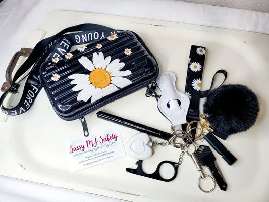 Black Flower Print Crossbody Bag, Accessory Bag, Safety Keychain, Personal Safety Kit, Daisy Set 11 pc.