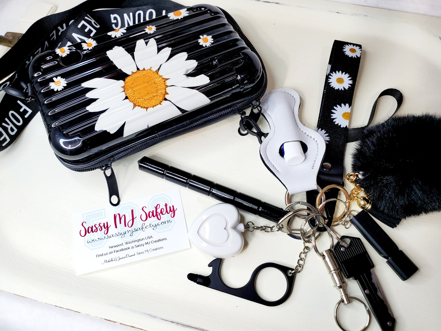 Black Flower Print Crossbody Bag, Accessory Bag, Safety Keychain, Personal Safety Kit, Daisy Set 11 pc.