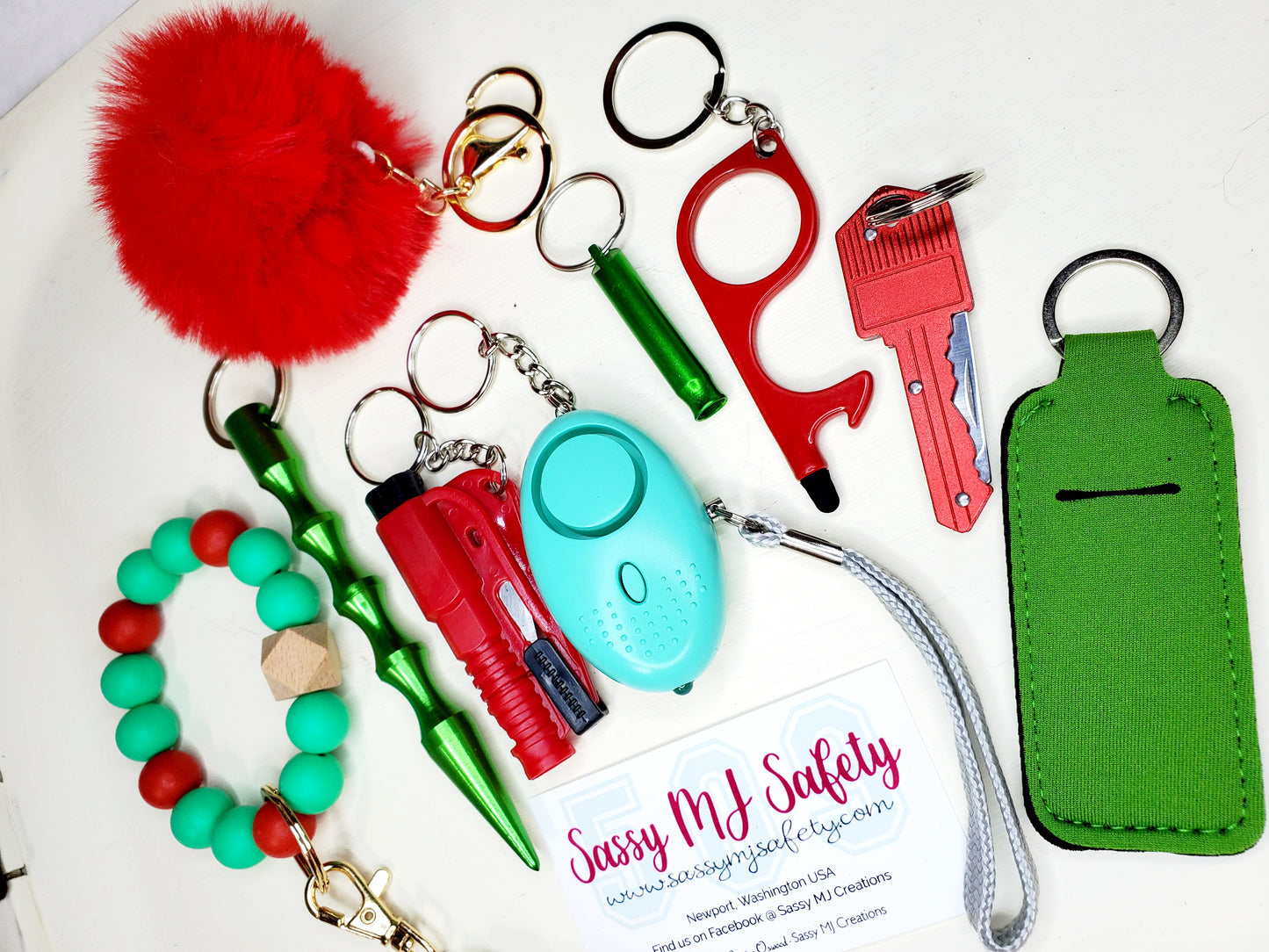Red & Green Safety Keychain Set - Personal Safety Kit - 10 pc. set - Holiday Set
