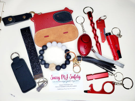 Cow Card Holder - Red & Black Safety Keychain - Personal Safety Kit - 11 pc Set
