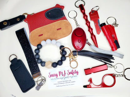 Cow Card Holder - Red & Black Safety Keychain - Personal Safety Kit - 11 pc Set