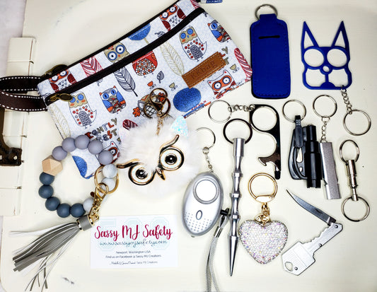 Owl Purse - Grey, Silver & Blue Safety Keychain Set - Personal Safety Kit - 14 pc. Set