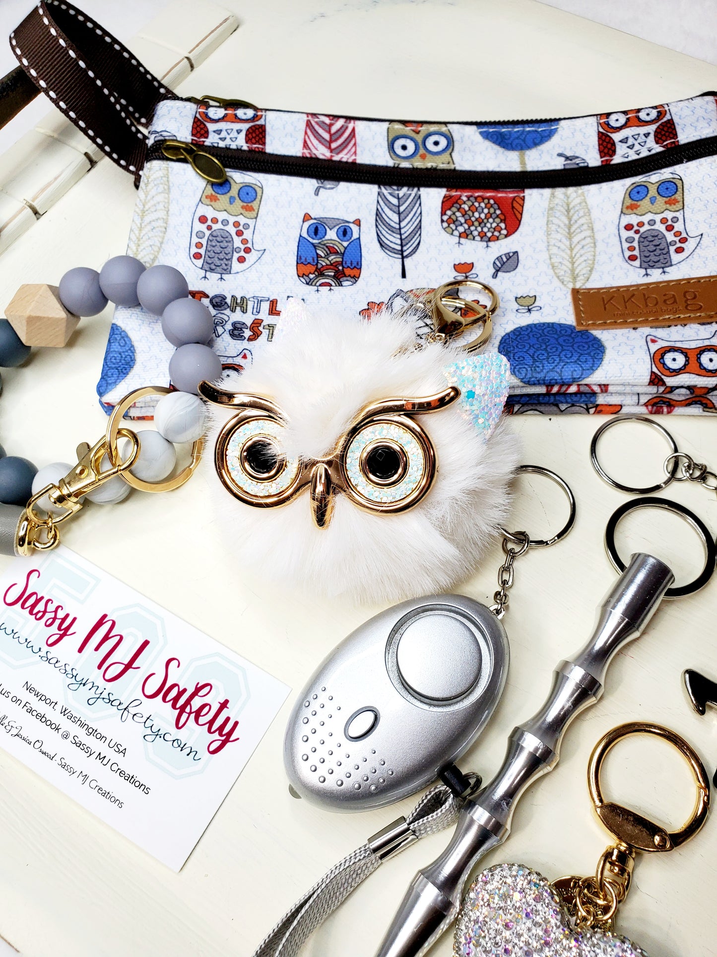 Owl Purse - Grey, Silver & Blue Safety Keychain Set - Personal Safety Kit - 14 pc. Set