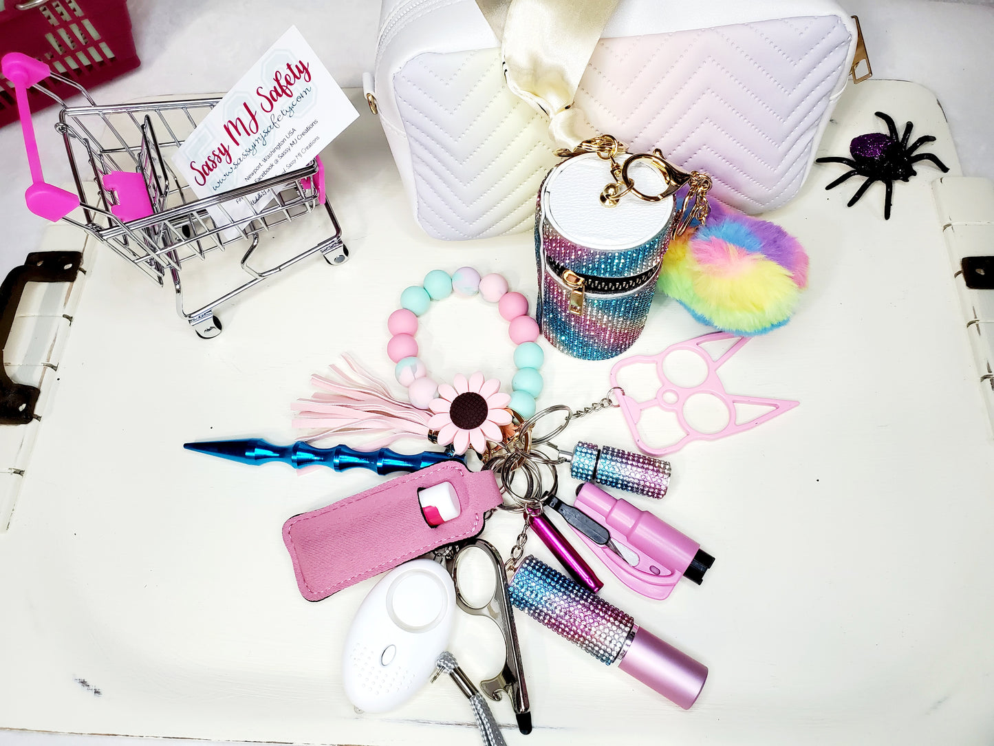 Pink & Rainbow Safety Keychain Set - Personal Safety Kit - Bling Safety Set