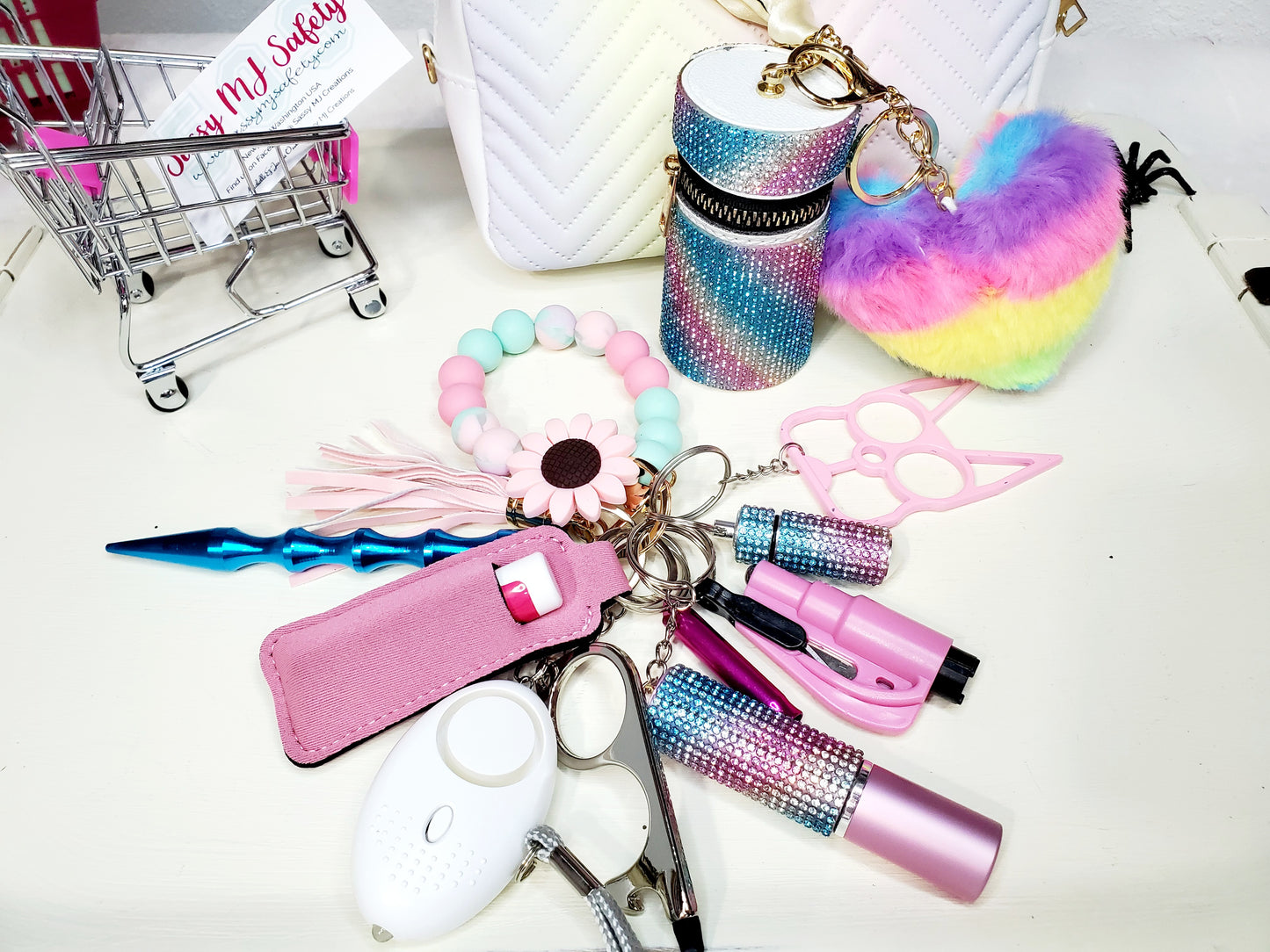 Pink & Rainbow Safety Keychain Set - Personal Safety Kit - Bling Safety Set