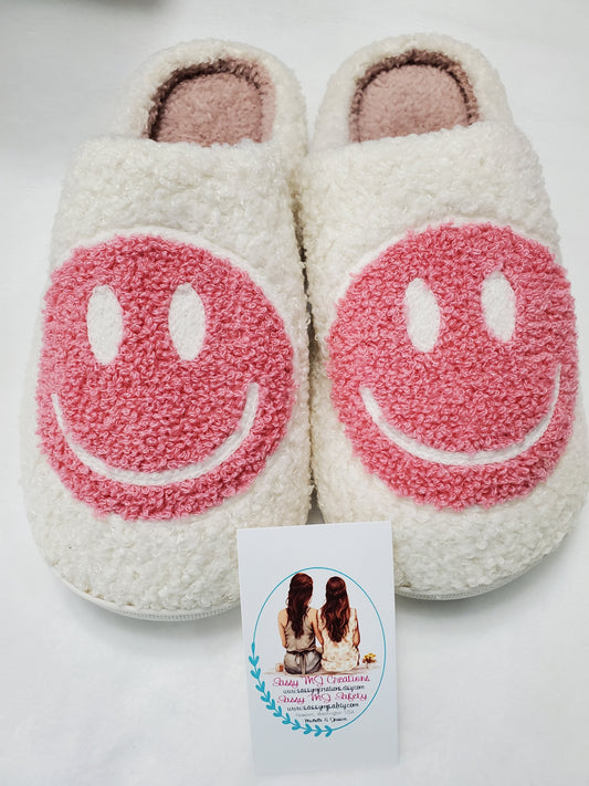 Smiling Face Slippers | Pink Smiling Face | Fun Slippers | Comfy Slippers | Cotton | Women Slippers | Fuzzy Slippers | House Slippers